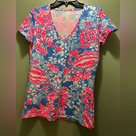 Lilly Pulitzer V-Neck Floral Top - Pink and Blue - Picture 1 of 6